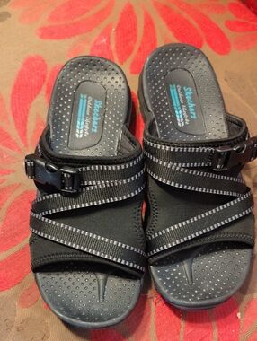 Skechers Women's Black Strappy Slide Sandals with Silver-Trim